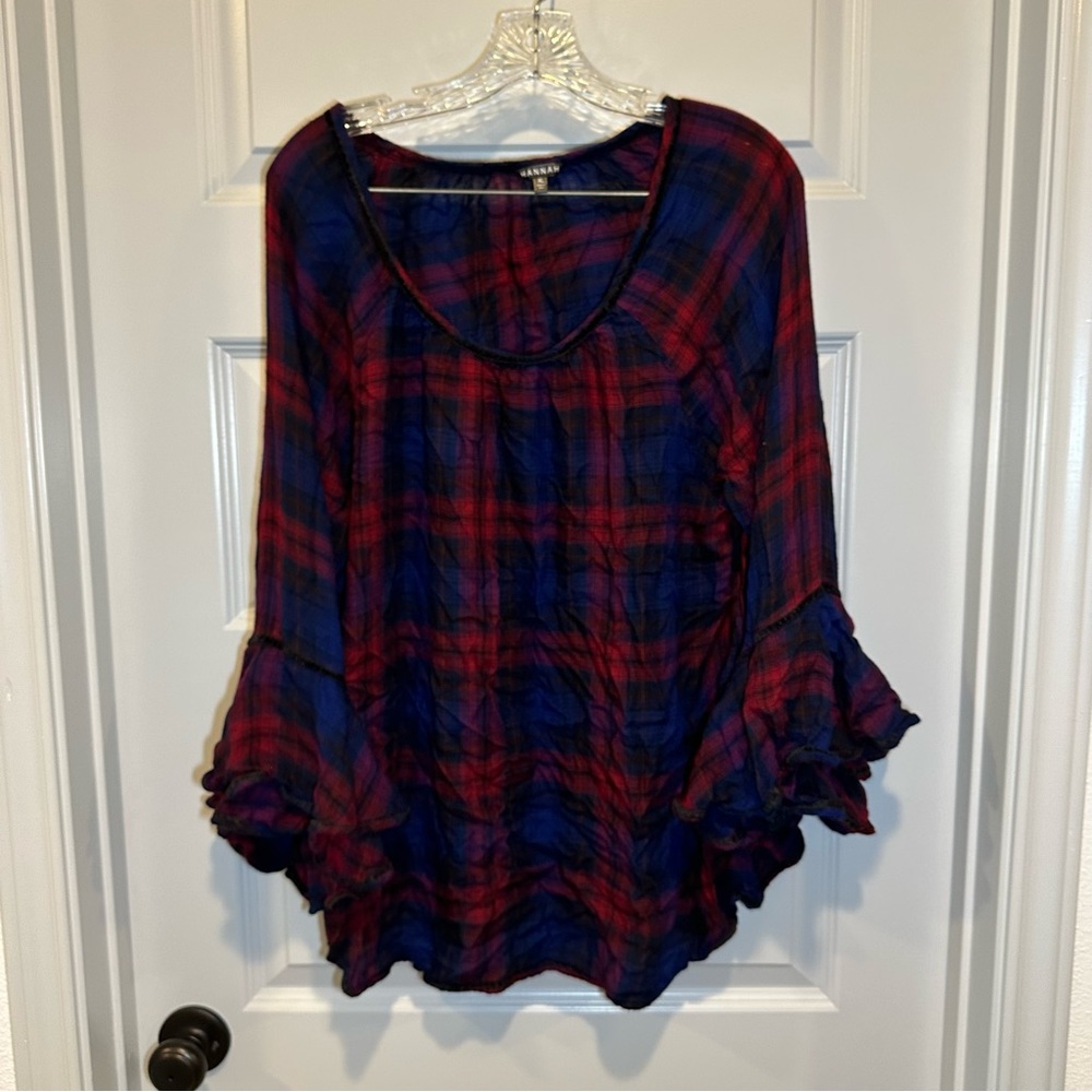 Hannah Navy and Crimson Plaid Blouse